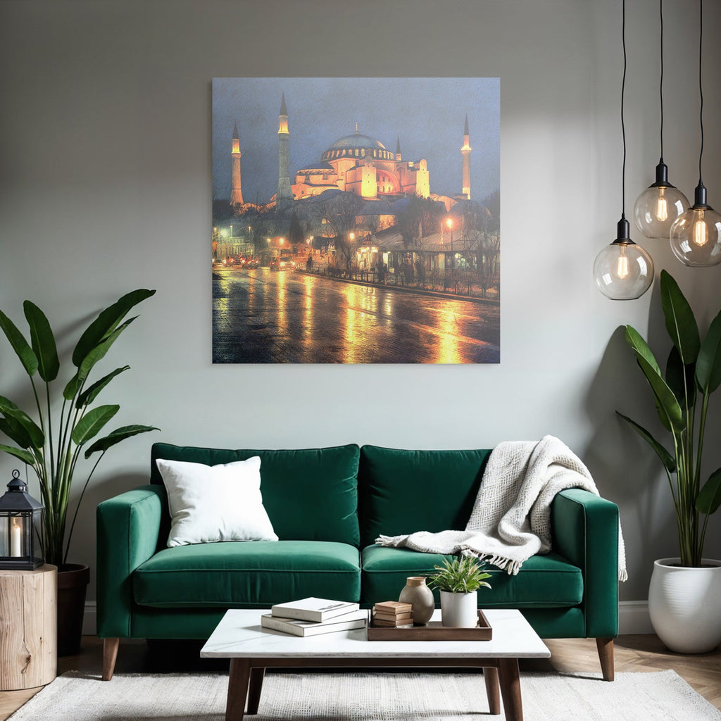 Moschee Bei Nacht Mit Beleuchtung Und Nasser Strasse