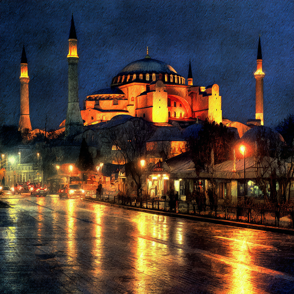 Moschee Bei Nacht Mit Beleuchtung Und Nasser Strasse | Staedtekunst | Laender und Reisen
