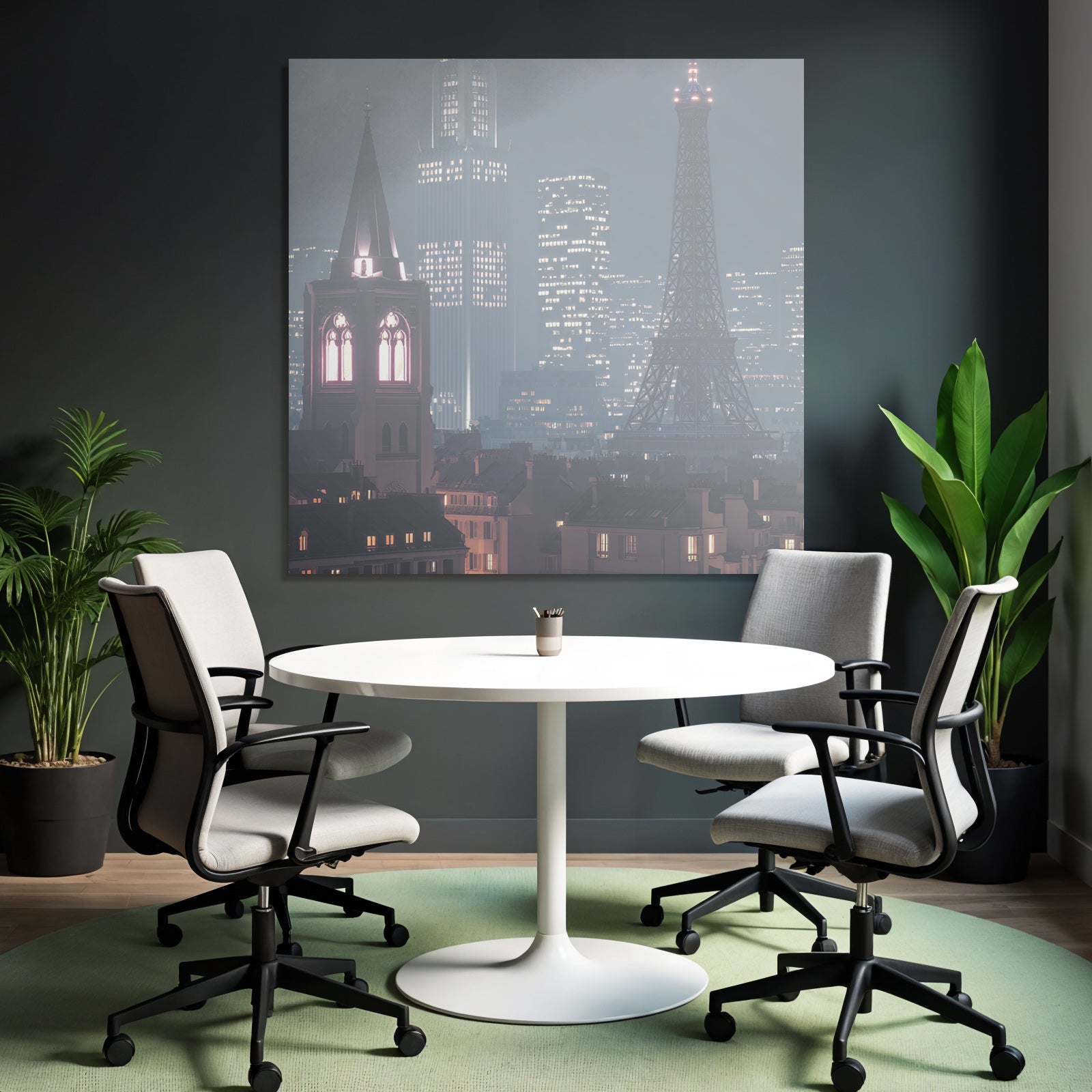 Pariser Skyline Bei Nacht Mit Eiffelturmähnlichem Turm Kirchturm Und Modernen Wolkenkratzern