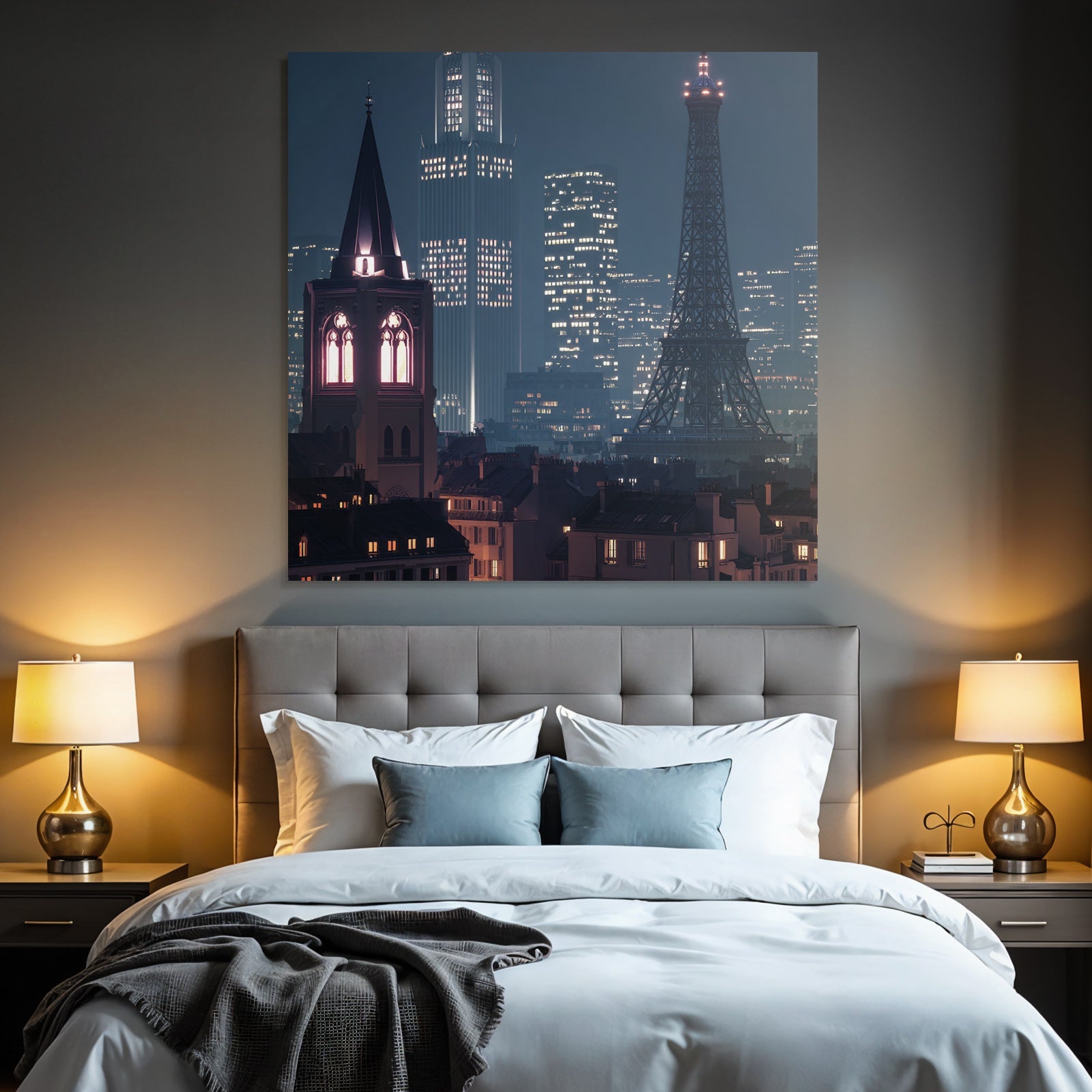 Pariser Skyline Bei Nacht Mit Eiffelturmähnlichem Turm Kirchturm Und Modernen Wolkenkratzern