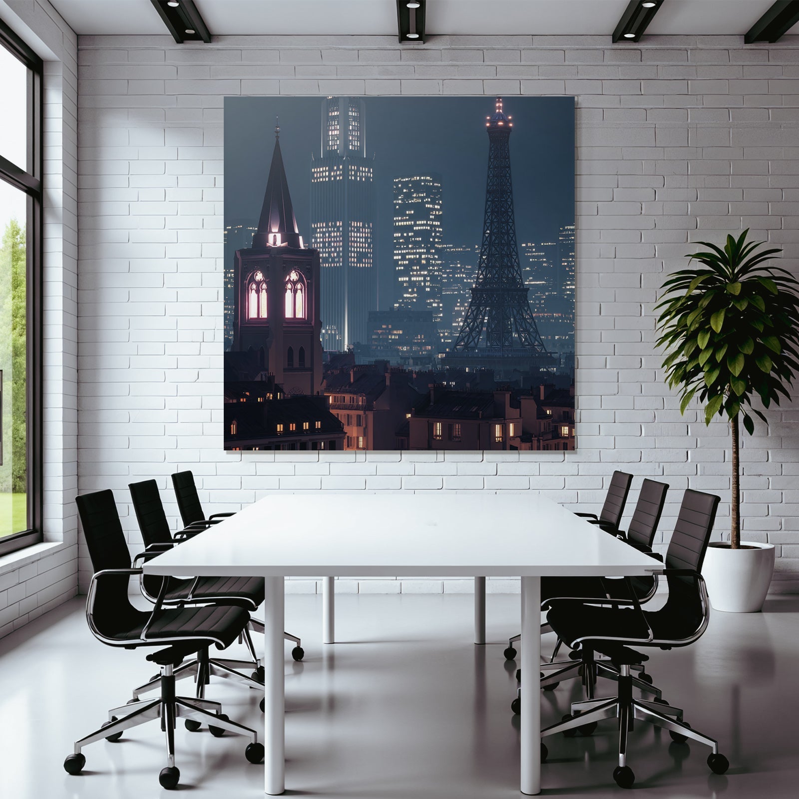 Pariser Skyline Bei Nacht Mit Eiffelturmähnlichem Turm Kirchturm Und Modernen Wolkenkratzern