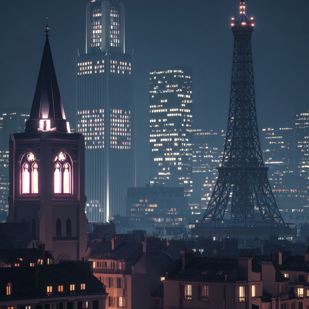 Pariser Skyline Bei Nacht Mit Eiffelturmähnlichem Turm Kirchturm Und Modernen Wolkenkratzern | Staedtekunst | Laender und Reisen