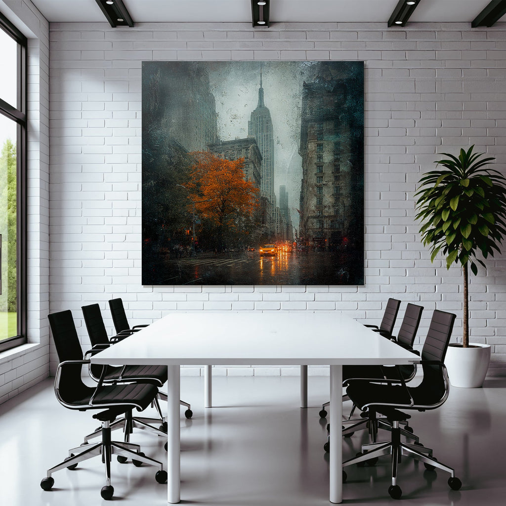 Regnerische Stadtstrasse Mit Orangenbaum Und Gelben Taxis Und Empire State Building