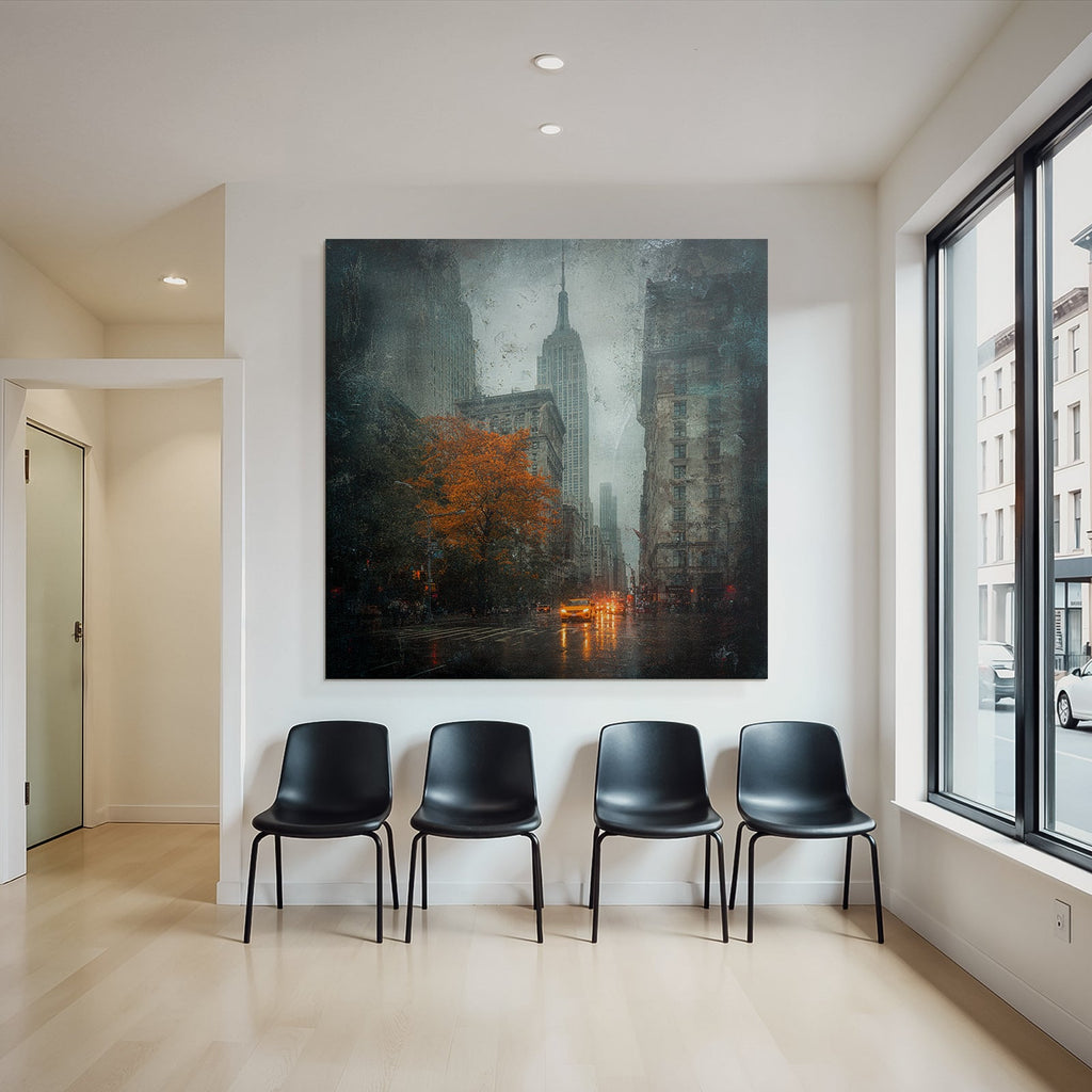 Regnerische Stadtstrasse Mit Orangenbaum Und Gelben Taxis Und Empire State Building