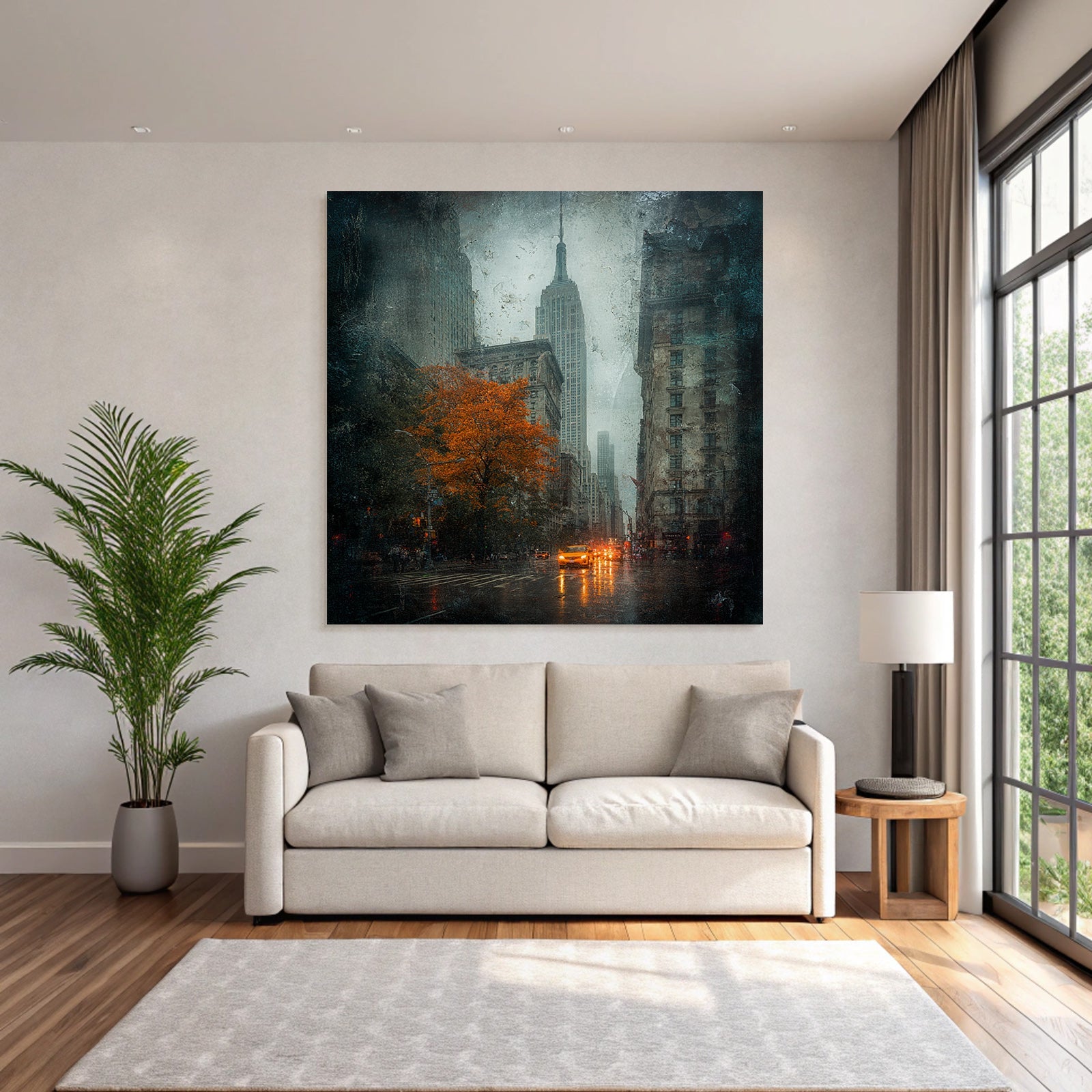 Regnerische Stadtstrasse Mit Orangenbaum Und Gelben Taxis Und Empire State Building