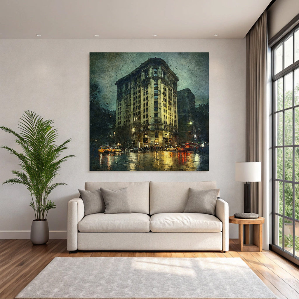 Regnerische Stadtstrasse Bei Nacht Mit Vintage Hochhaus Und Reflexionen