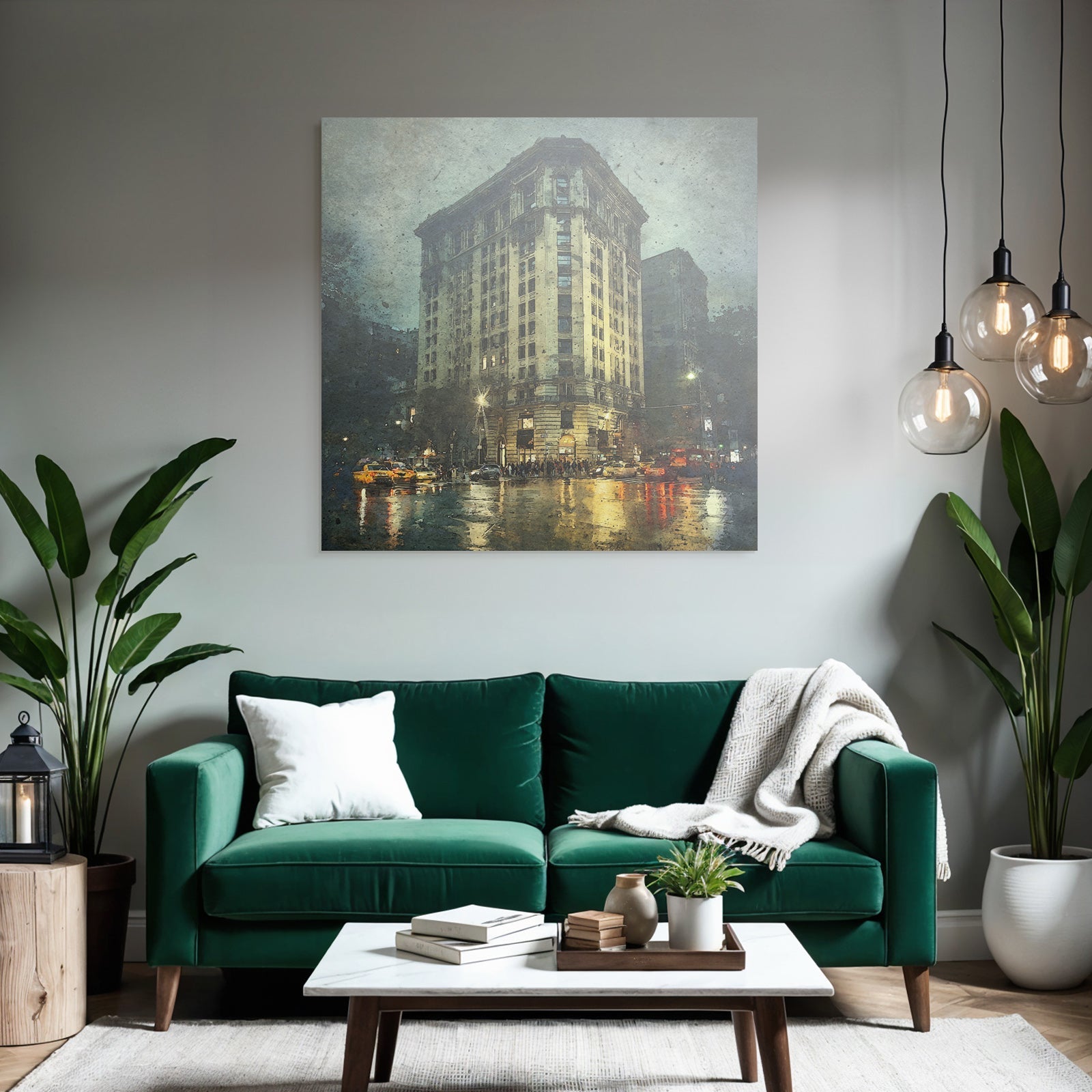 Regnerische Stadtstrasse Bei Nacht Mit Vintage Hochhaus Und Reflexionen