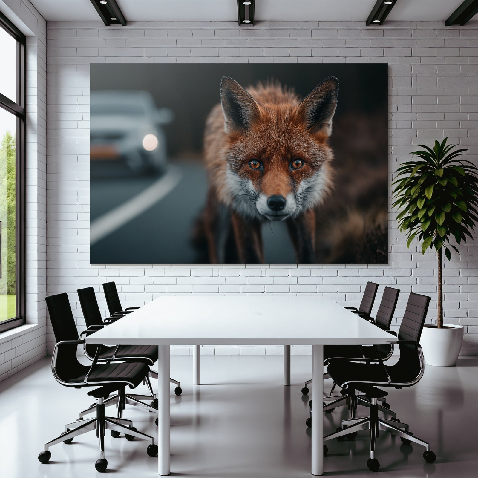 Dramatischer Fuchs Am Windenden Weg Mit Auto Im Hintergrund