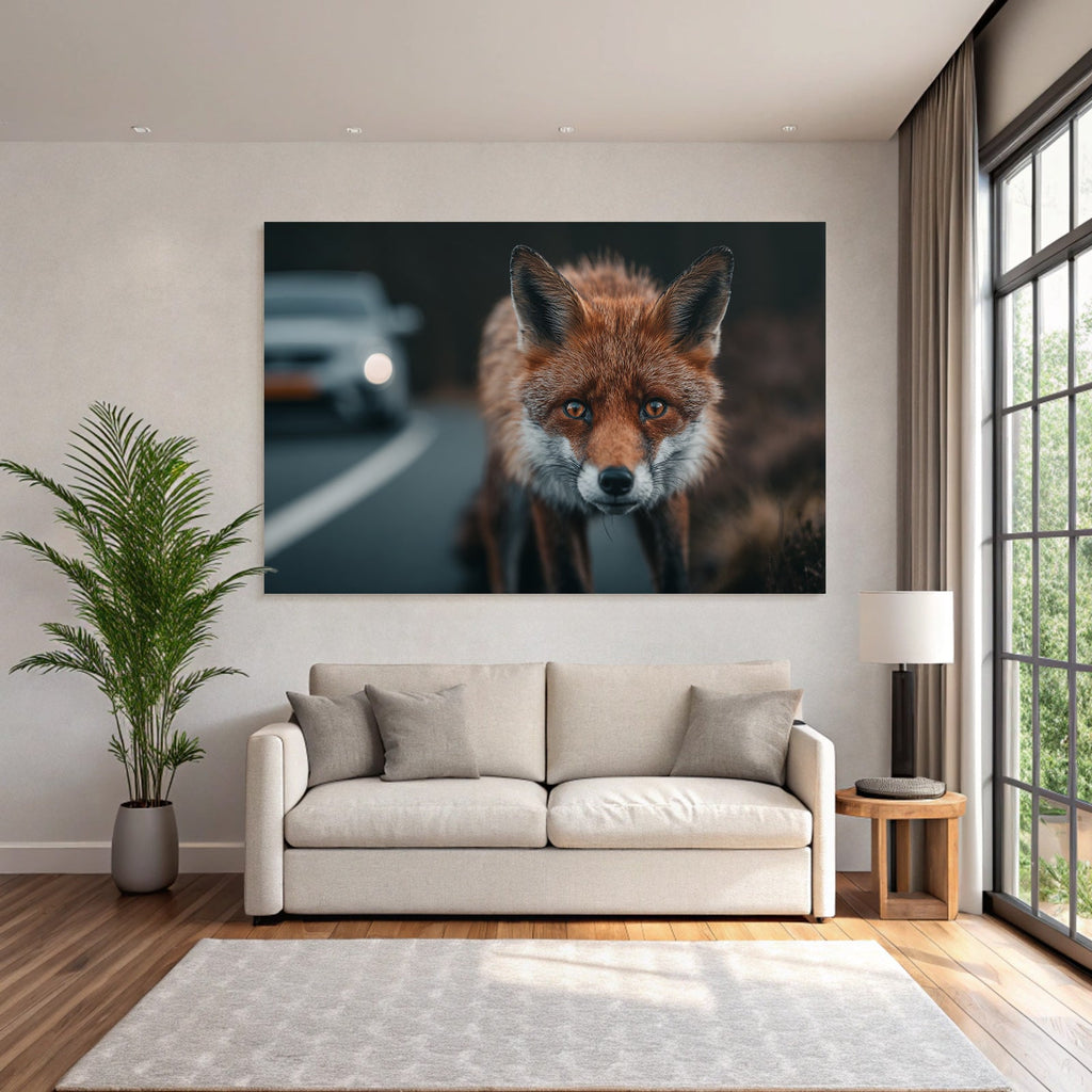 Dramatischer Fuchs Am Windenden Weg Mit Auto Im Hintergrund