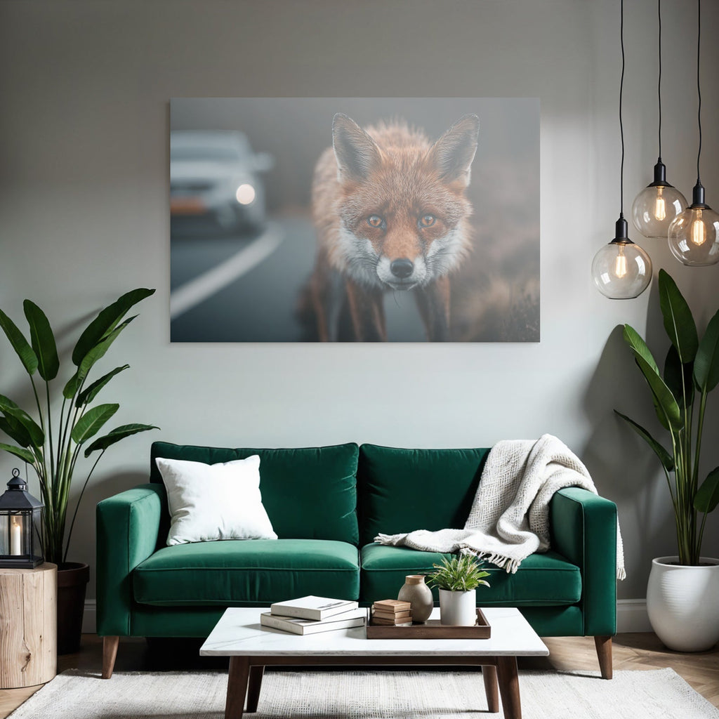 Dramatischer Fuchs Am Windenden Weg Mit Auto Im Hintergrund