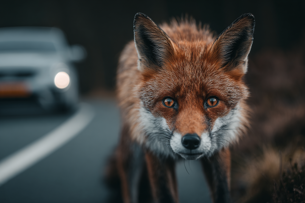 Dramatischer Fuchs Am Windenden Weg Mit Auto Im Hintergrund | Staedtekunst | Laender und Reisen