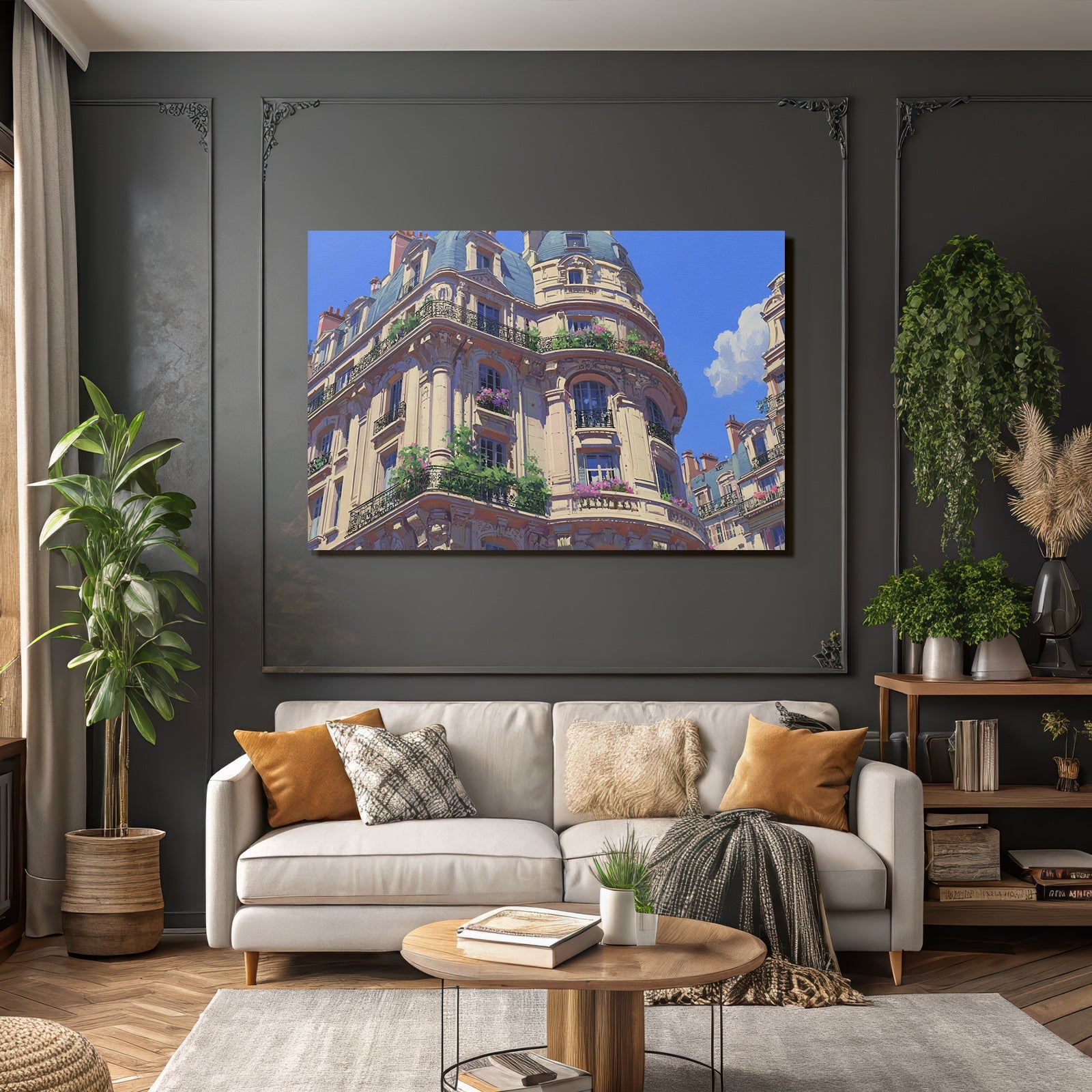 Elegantes Parisisches Gebäude Mit Blumenbalkonen Und Verzierten Fenstern