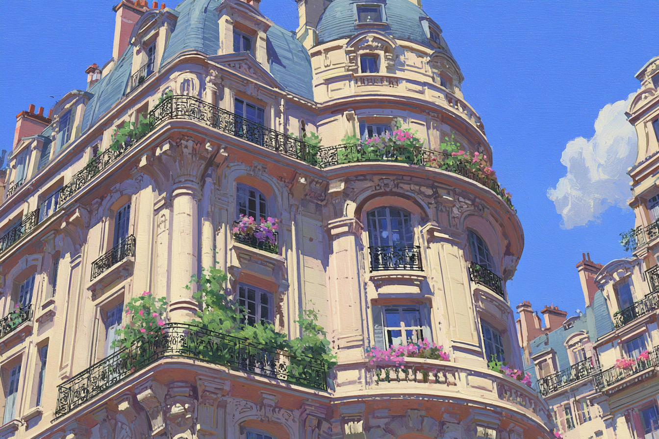 Elegantes Parisisches Gebäude Mit Blumenbalkonen Und Verzierten Fenstern | Staedtekunst | Laender und Reisen