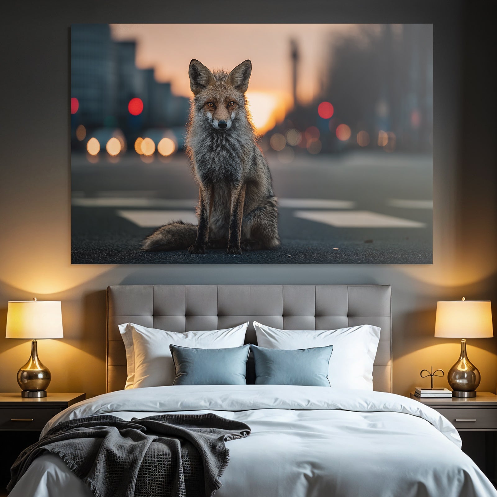 Fuchs Sitzt Ruhig Auf Der Strasse Mit Unscharfem Stadthintergrund Lichtern Und Sonnenuntergang