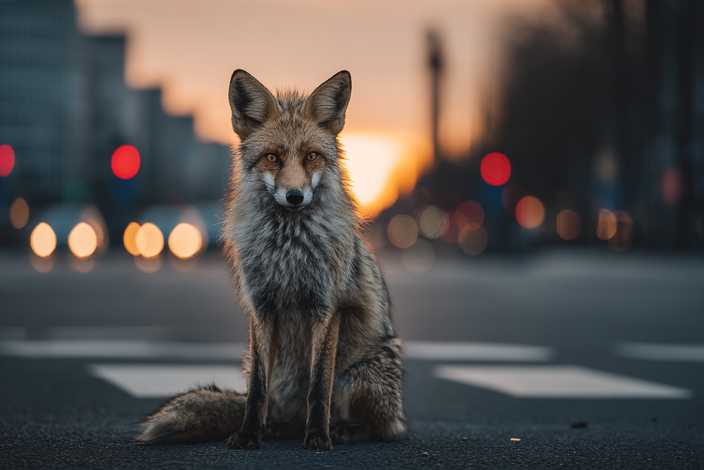 Fuchs Sitzt Ruhig Auf Der Strasse Mit Unscharfem Stadthintergrund Lichtern Und Sonnenuntergang | Staedtekunst | Laender und Reisen