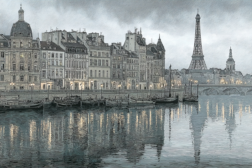Historische Stadtansicht Am Fluss Mit Eiffelturm | Staedtekunst | Laender und Reisen