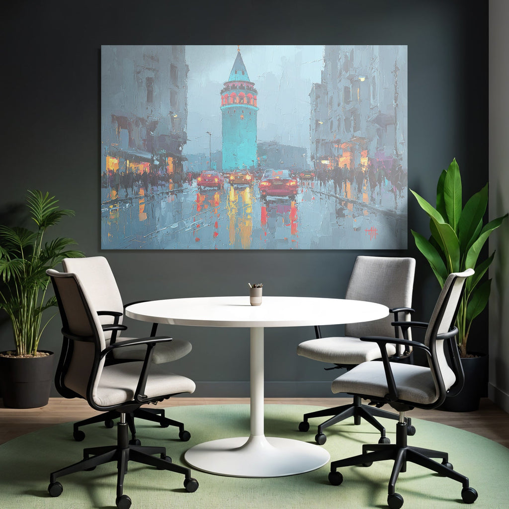 Impressionistische Stadtansicht Im Regen Mit Turm