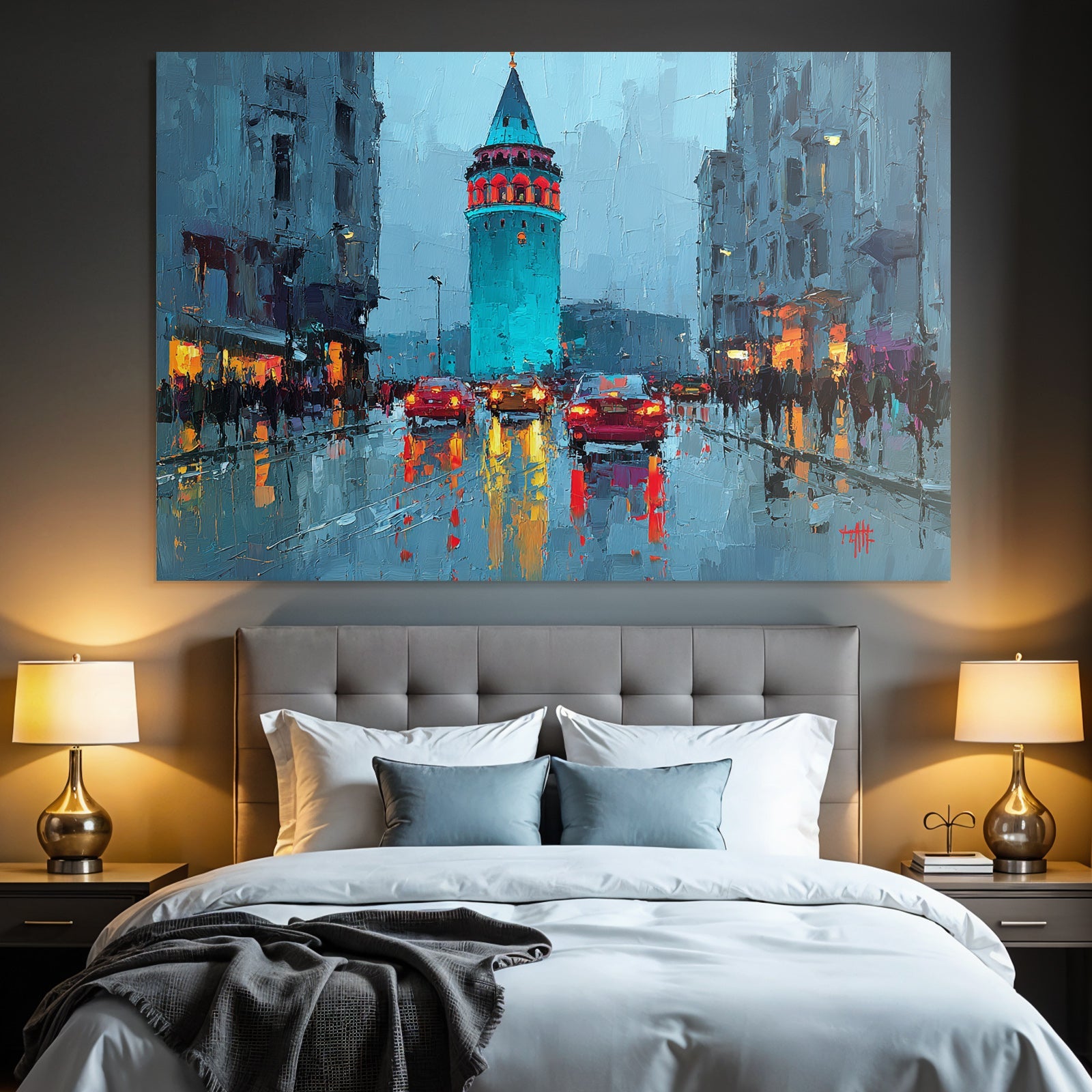 Impressionistische Stadtansicht Im Regen Mit Turm