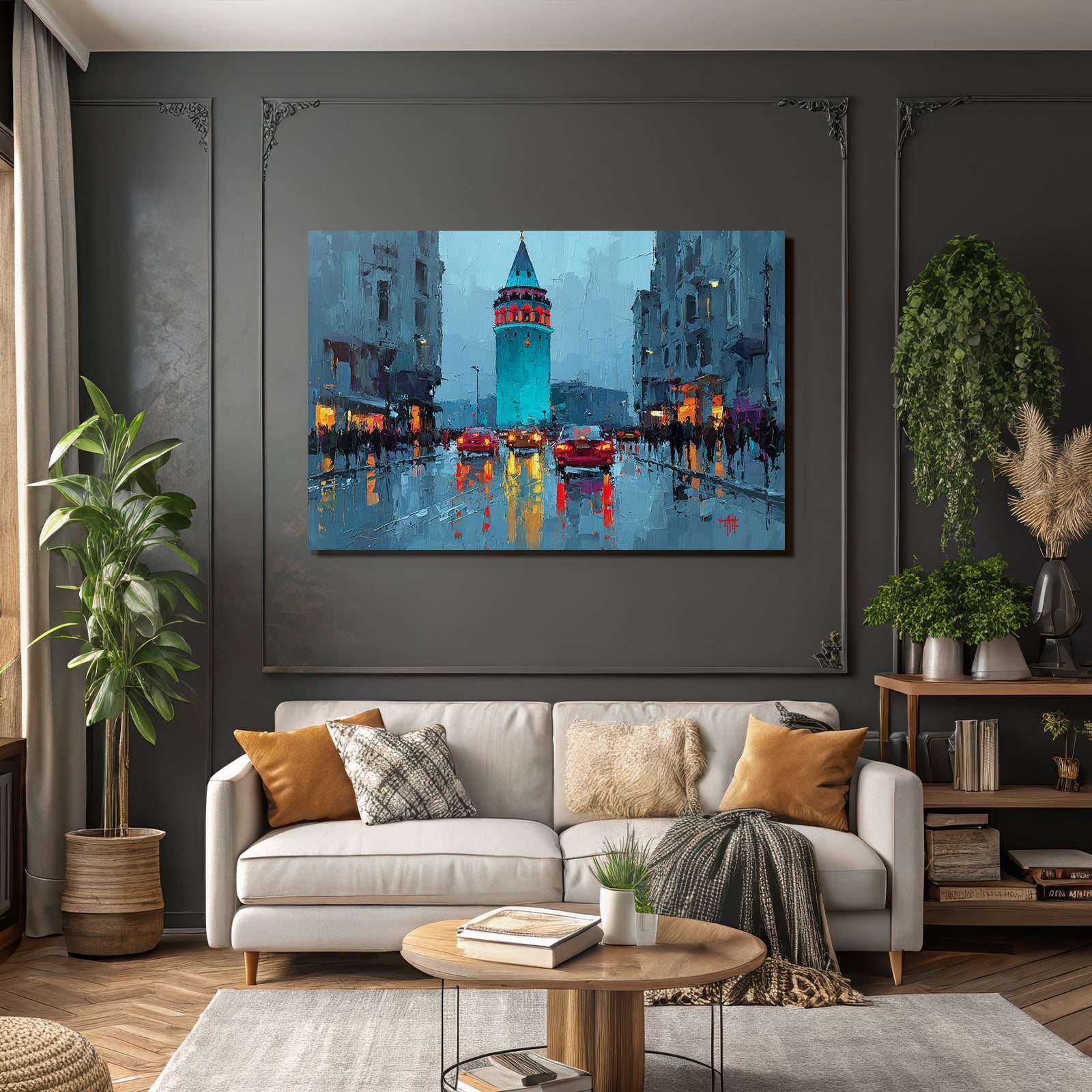 Impressionistische Stadtansicht Im Regen Mit Turm