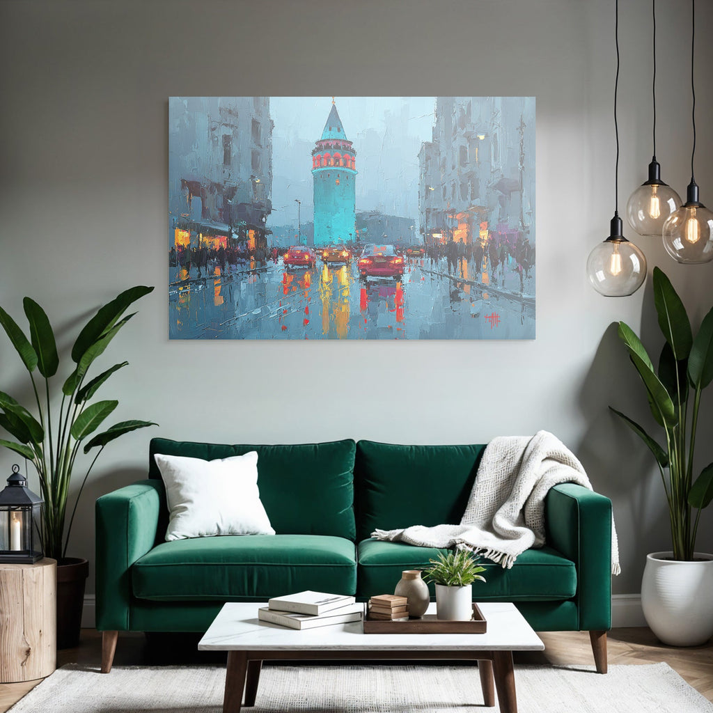 Impressionistische Stadtansicht Im Regen Mit Turm