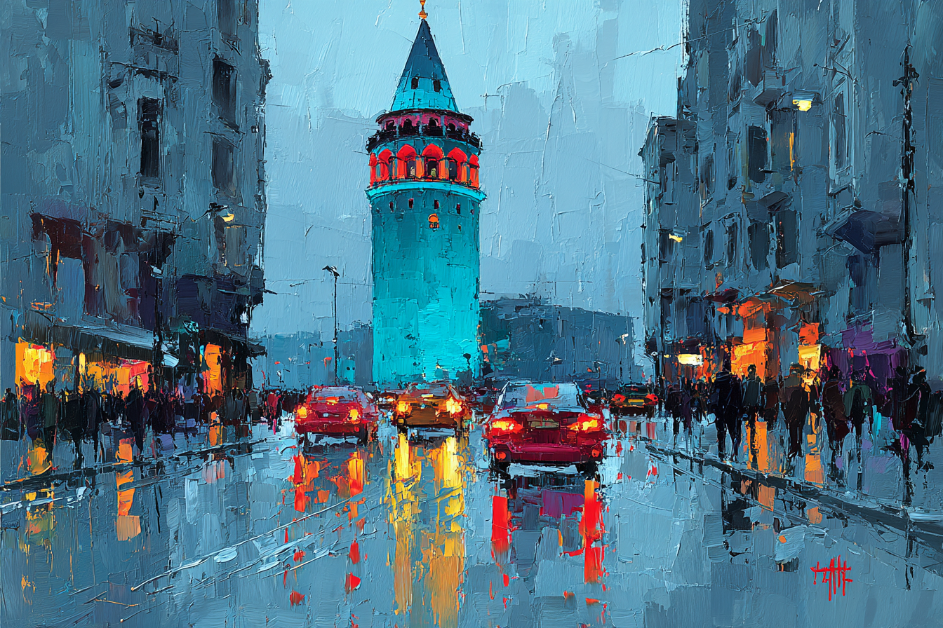 Impressionistische Stadtansicht Im Regen Mit Turm | Staedtekunst | Laender und Reisen