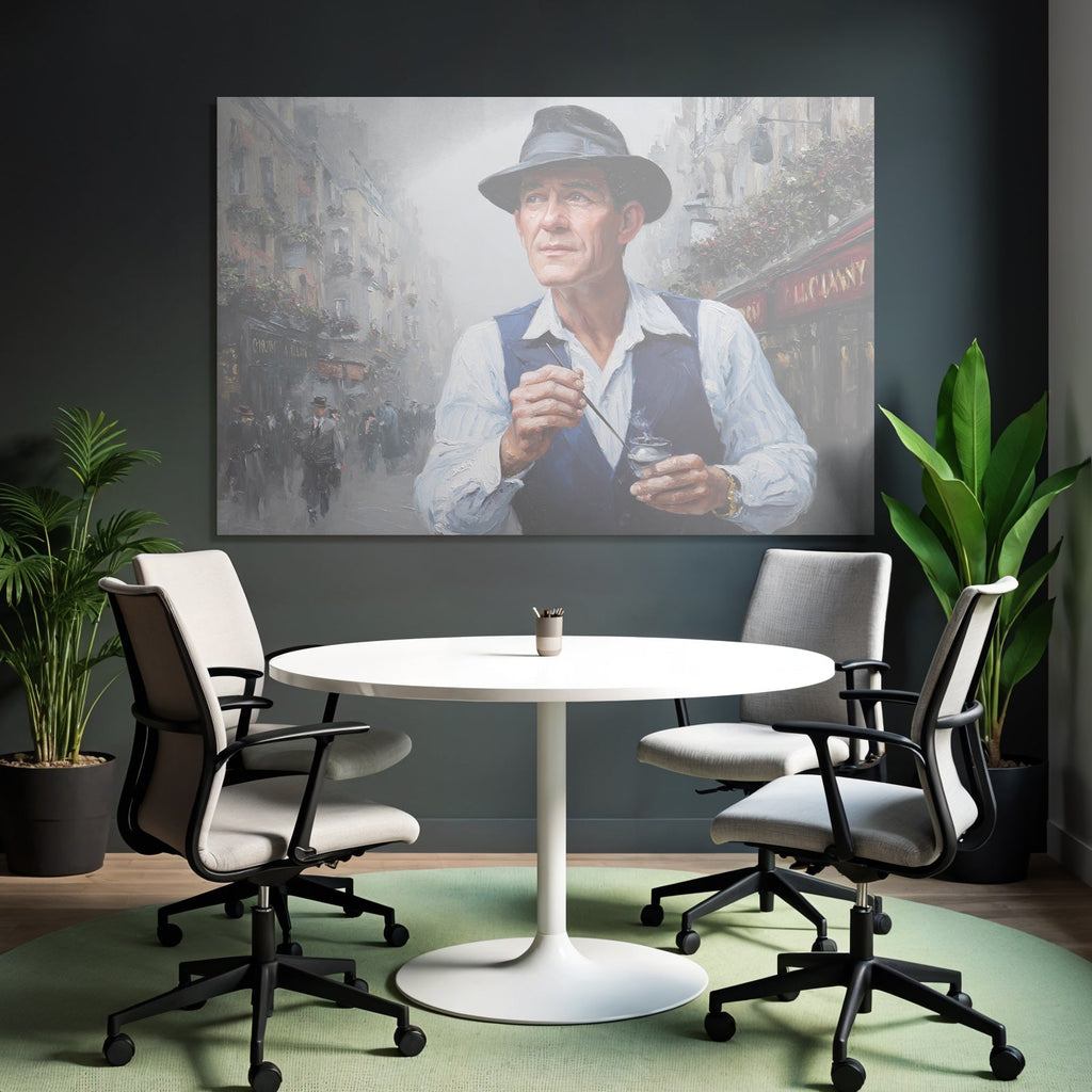 Mann Mit Hut Auf Nebliger Strasse Vor Cafes Mit Blumen