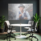 Mann Mit Hut Auf Nebliger Strasse Vor Cafes Mit Blumen