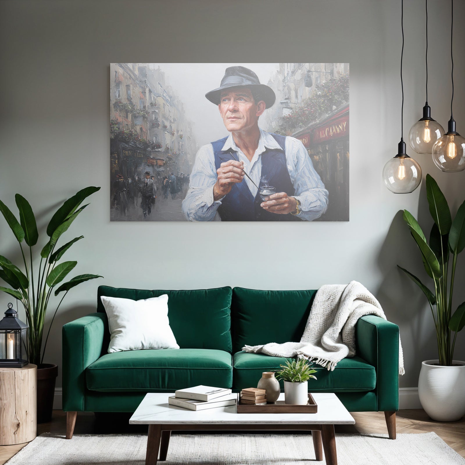 Mann Mit Hut Auf Nebliger Strasse Vor Cafes Mit Blumen