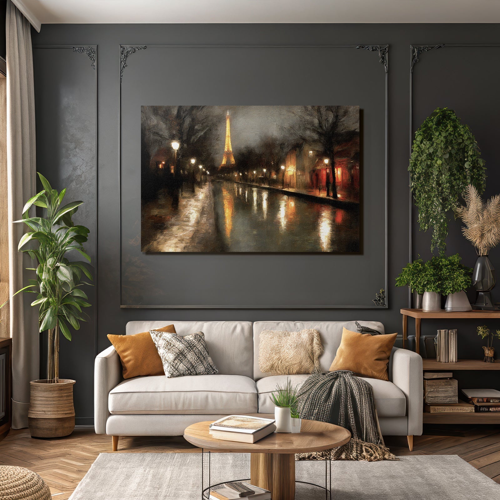Nächtliches Impressionistisches Parisbild Mit Eiffelturm Im Regen