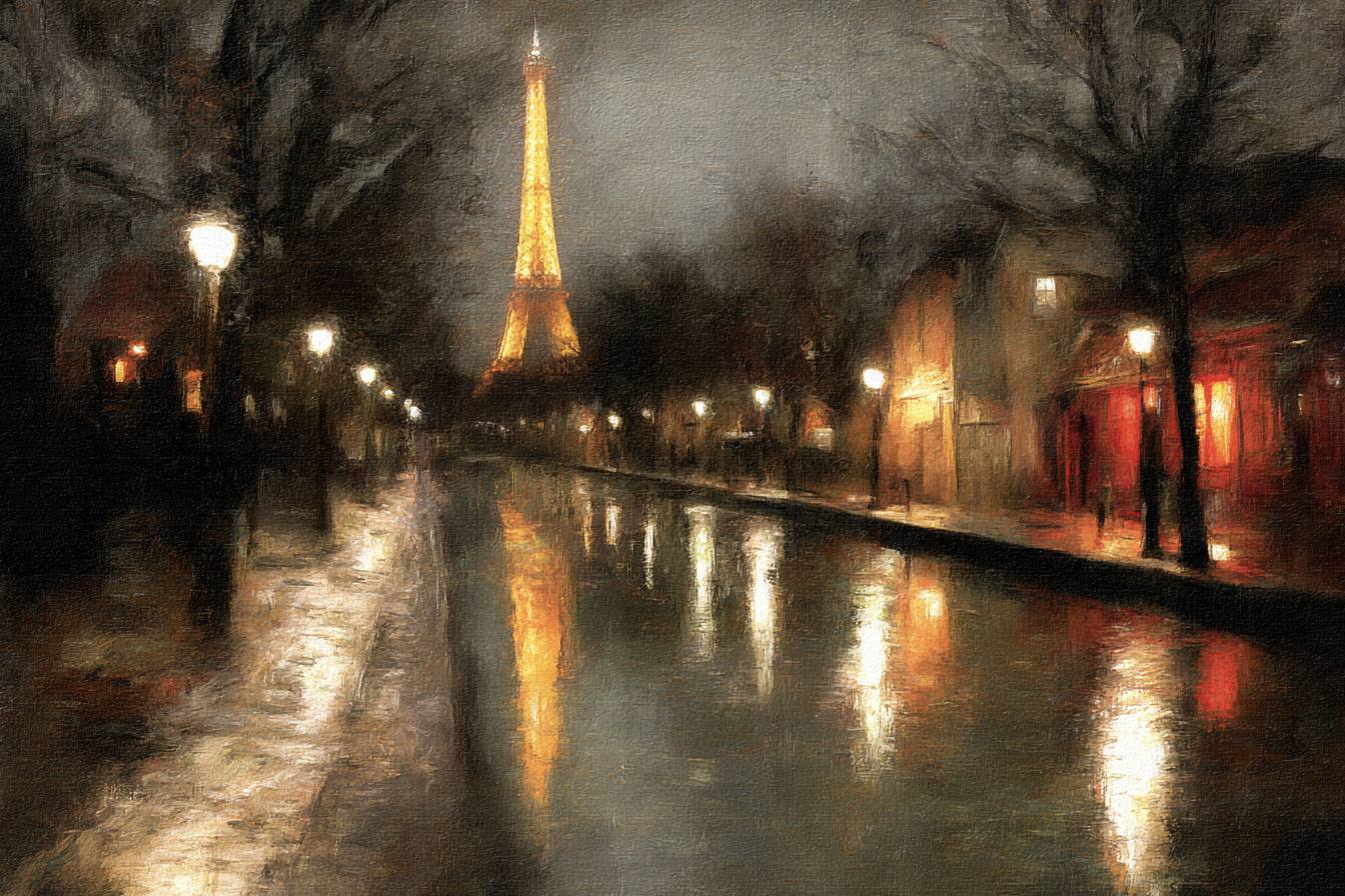 Nächtliches Impressionistisches Parisbild Mit Eiffelturm Im Regen | Staedtekunst | Laender und Reisen