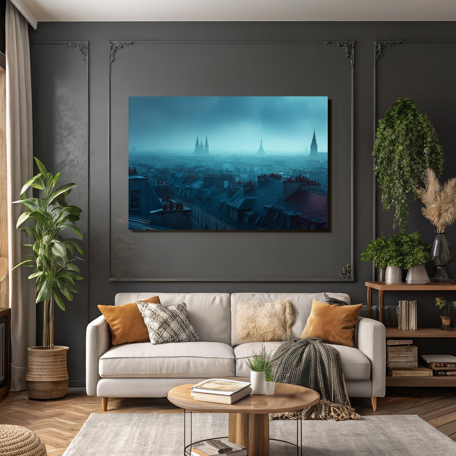 Nebliger Blick Uber Stadtdächern Mit Turmspitzen Im Nebel