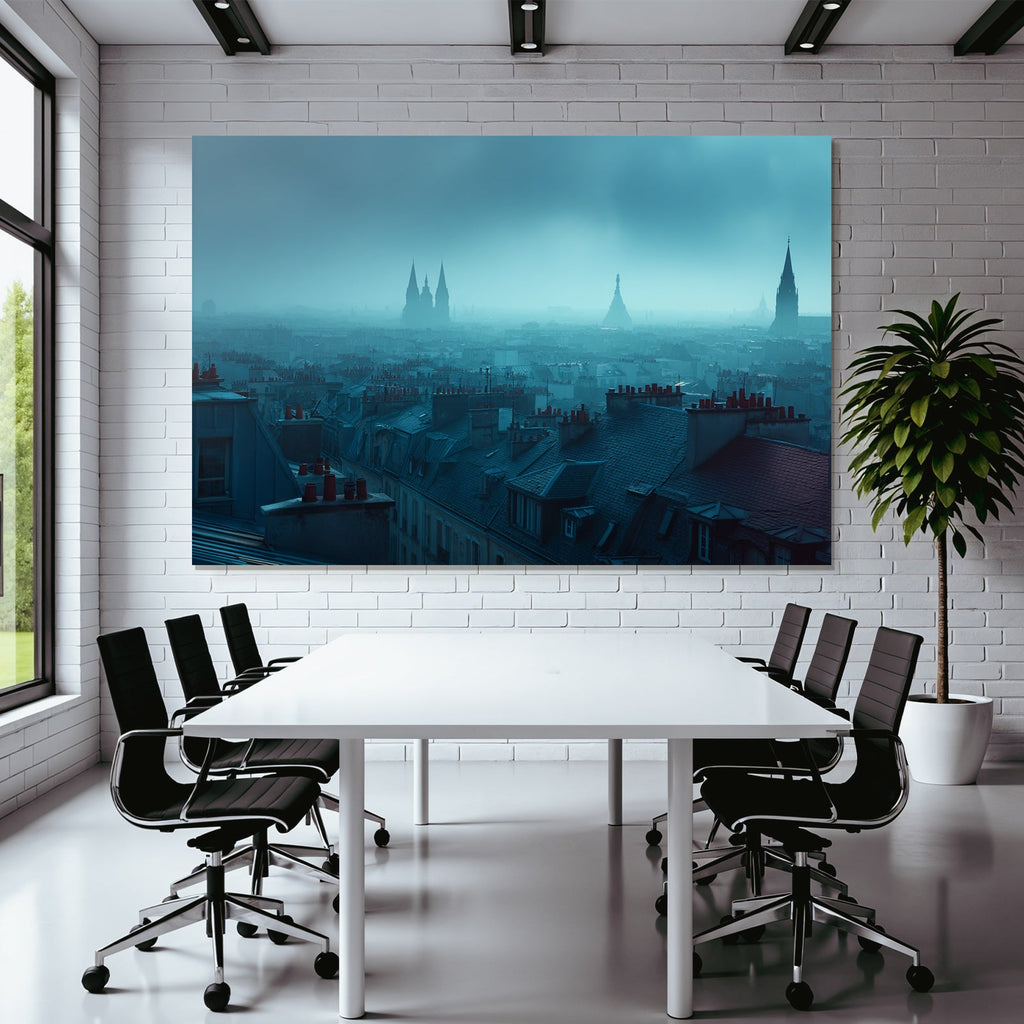Nebliger Blick Uber Stadtdächern Mit Turmspitzen Im Nebel
