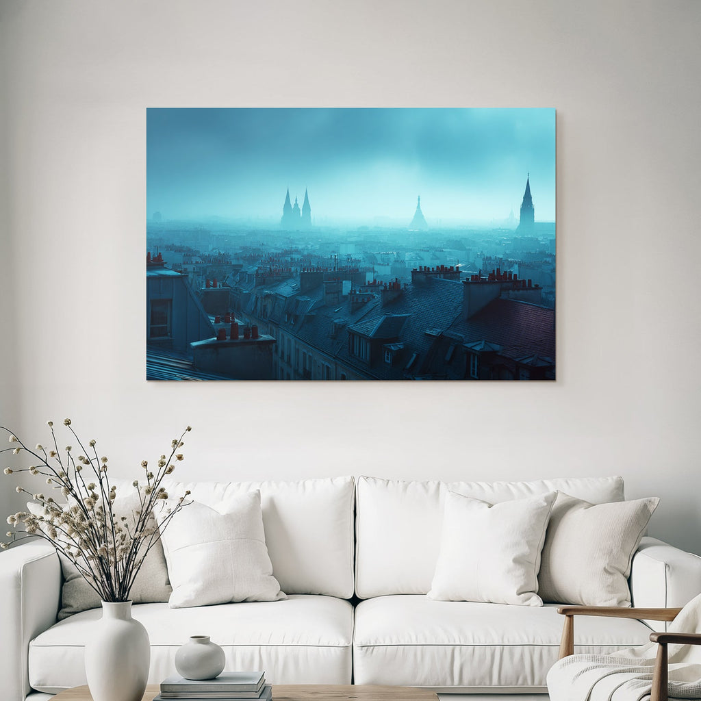 Nebliger Blick Uber Stadtdächern Mit Turmspitzen Im Nebel