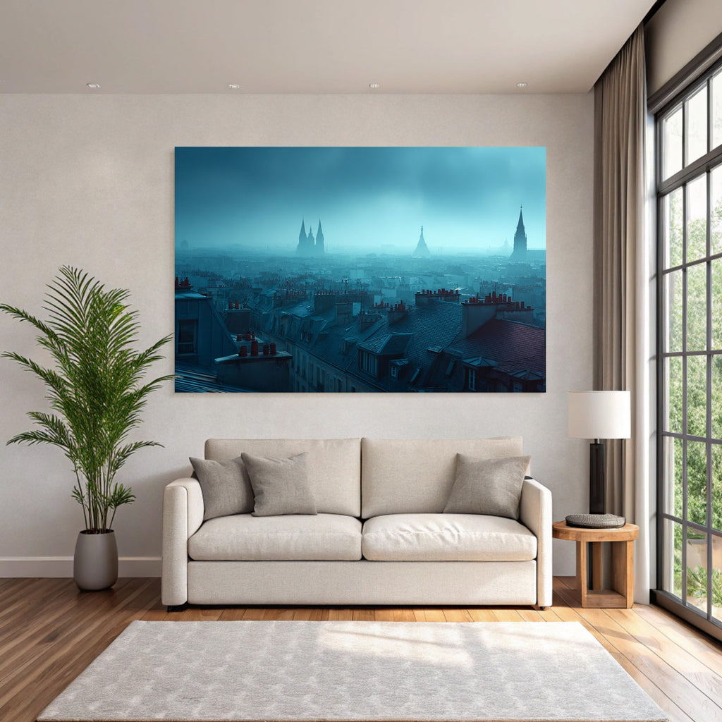 Nebliger Blick Uber Stadtdächern Mit Turmspitzen Im Nebel