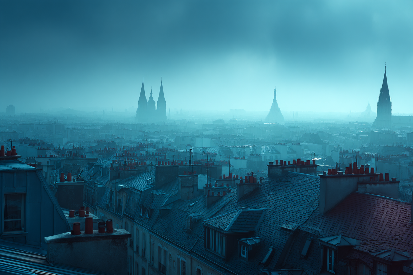 Nebliger Blick Uber Stadtdächern Mit Turmspitzen Im Nebel | Staedtekunst | Laender und Reisen