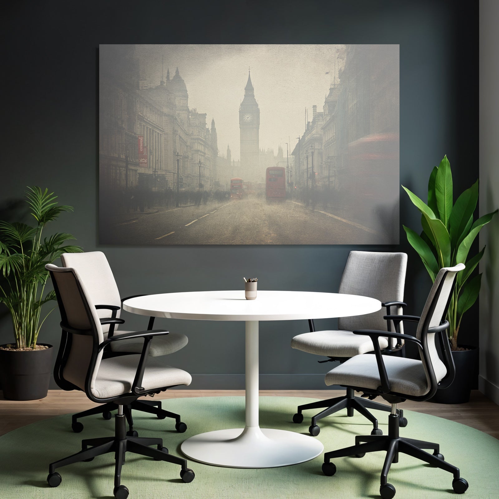 Nebliger Londoner Strassenblick Mit Big Ben Und Roten Bussen