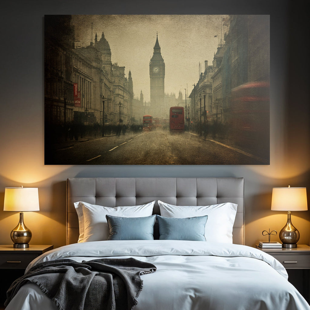 Nebliger Londoner Strassenblick Mit Big Ben Und Roten Bussen