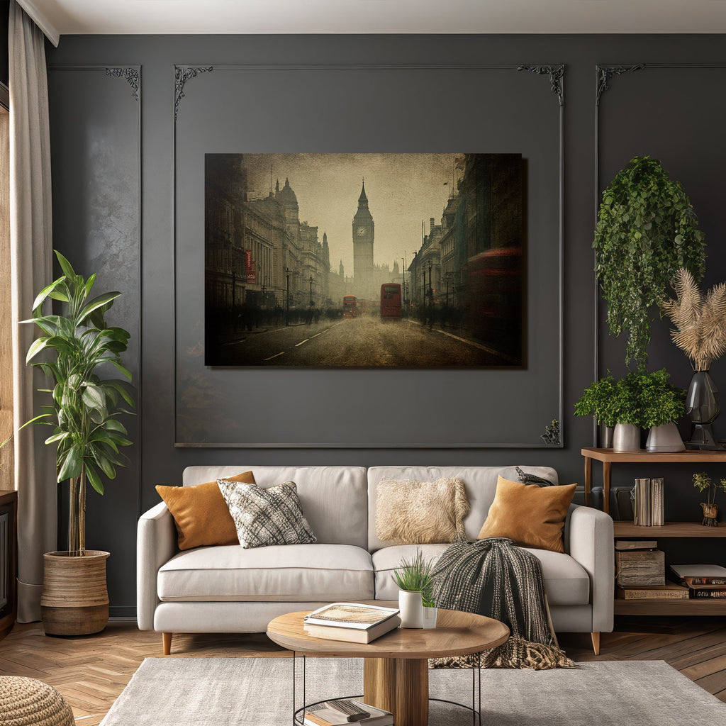 Nebliger Londoner Strassenblick Mit Big Ben Und Roten Bussen