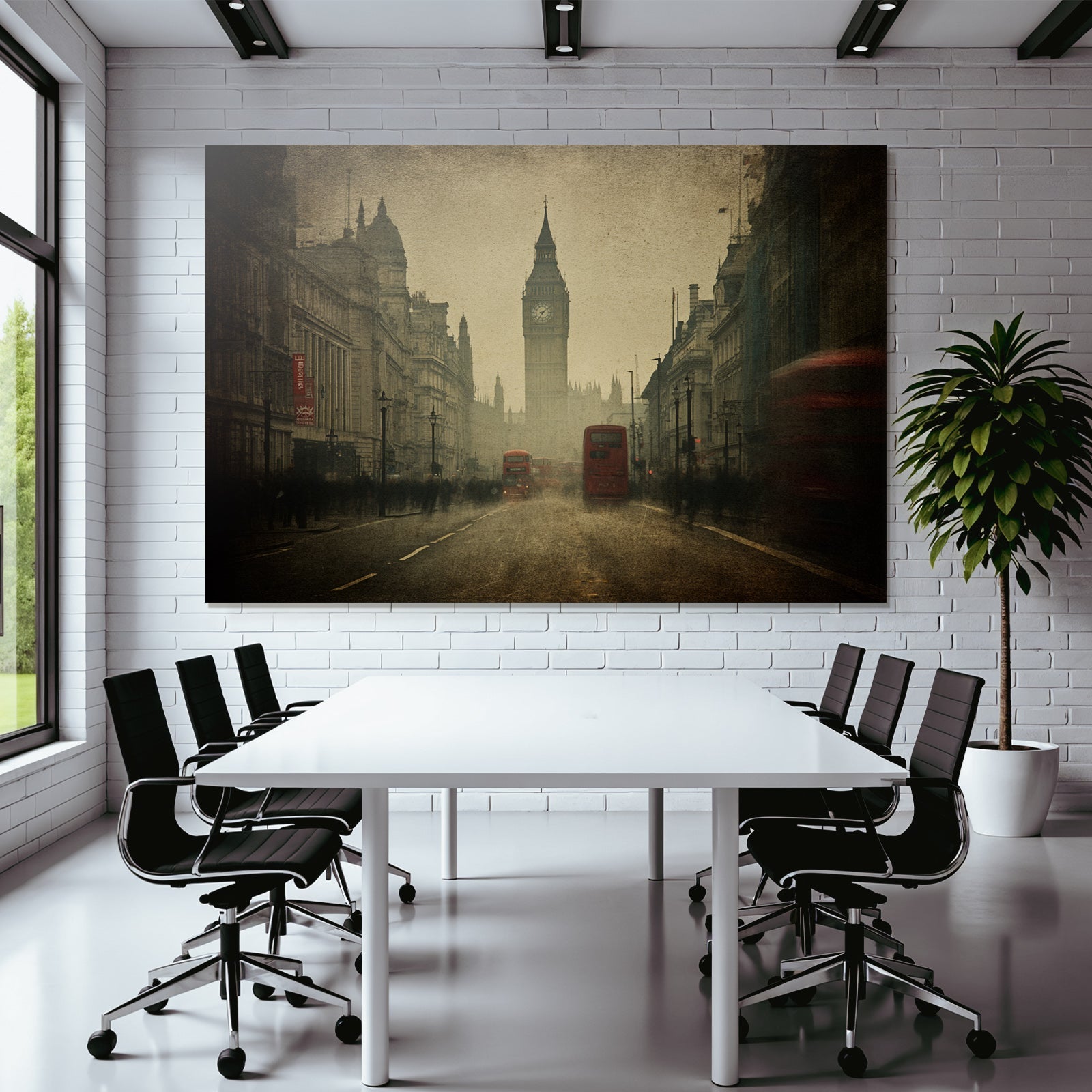 Nebliger Londoner Strassenblick Mit Big Ben Und Roten Bussen