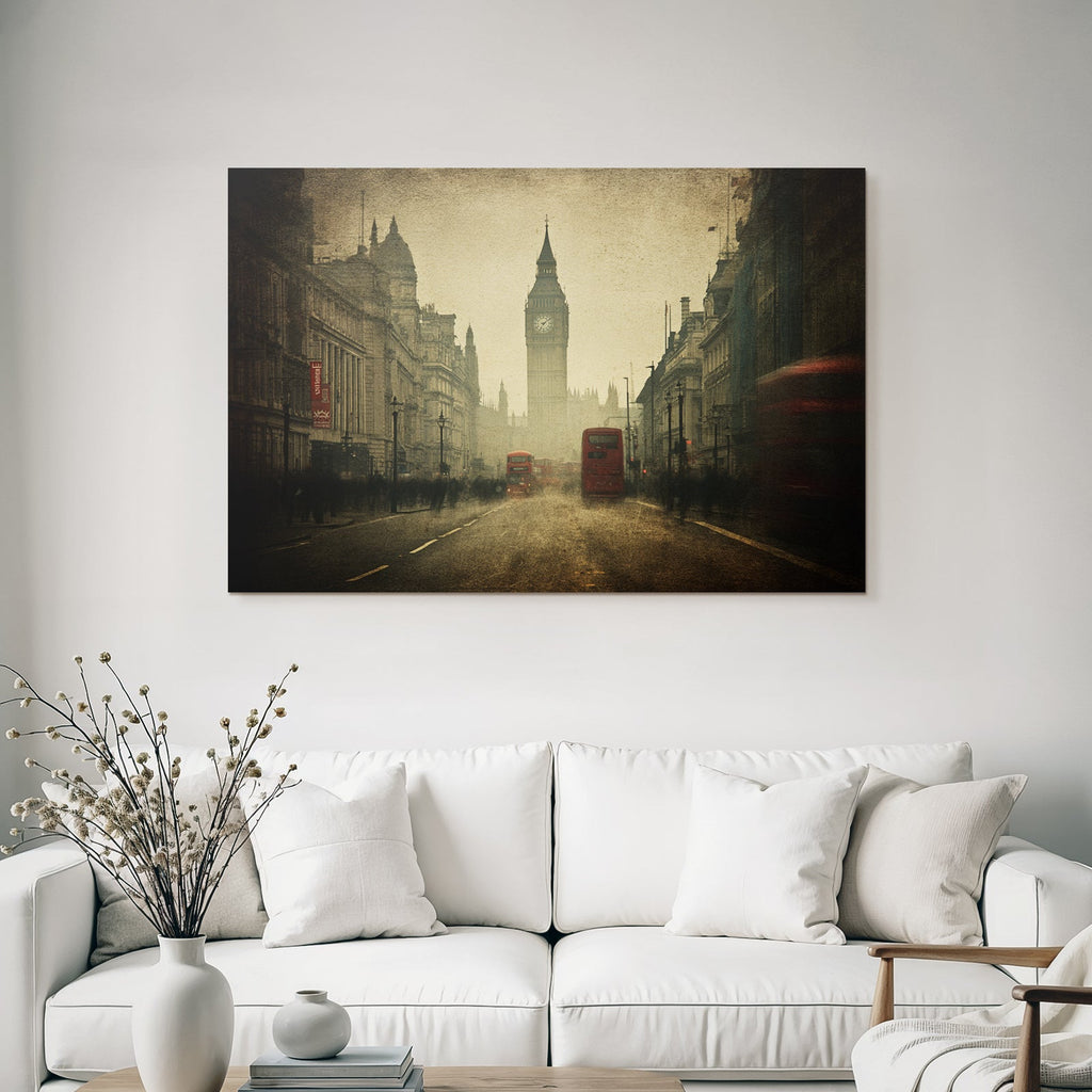 Nebliger Londoner Strassenblick Mit Big Ben Und Roten Bussen