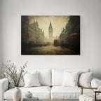 Nebliger Londoner Strassenblick Mit Big Ben Und Roten Bussen