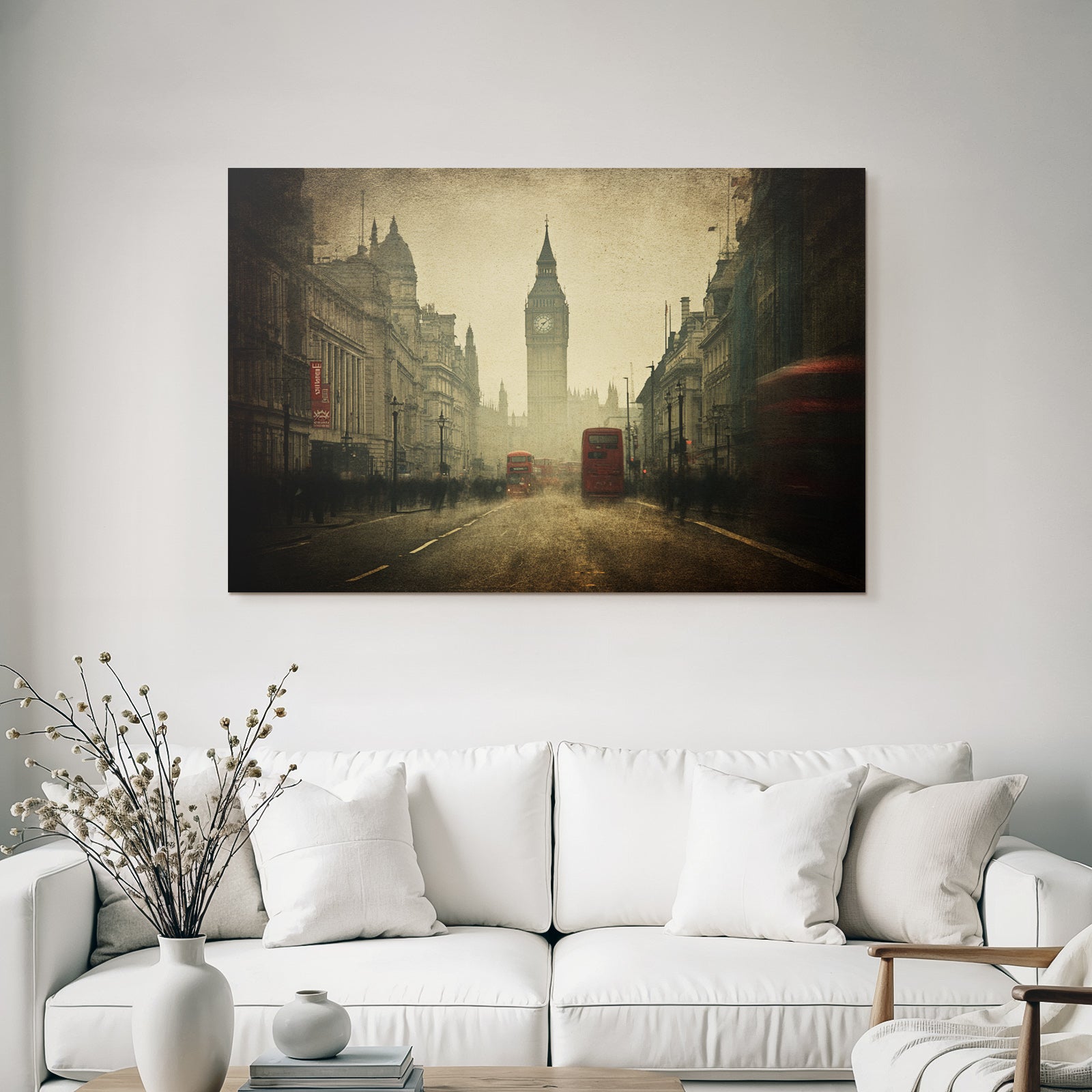Nebliger Londoner Strassenblick Mit Big Ben Und Roten Bussen