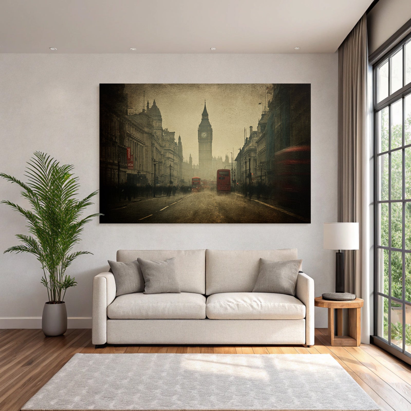 Nebliger Londoner Strassenblick Mit Big Ben Und Roten Bussen