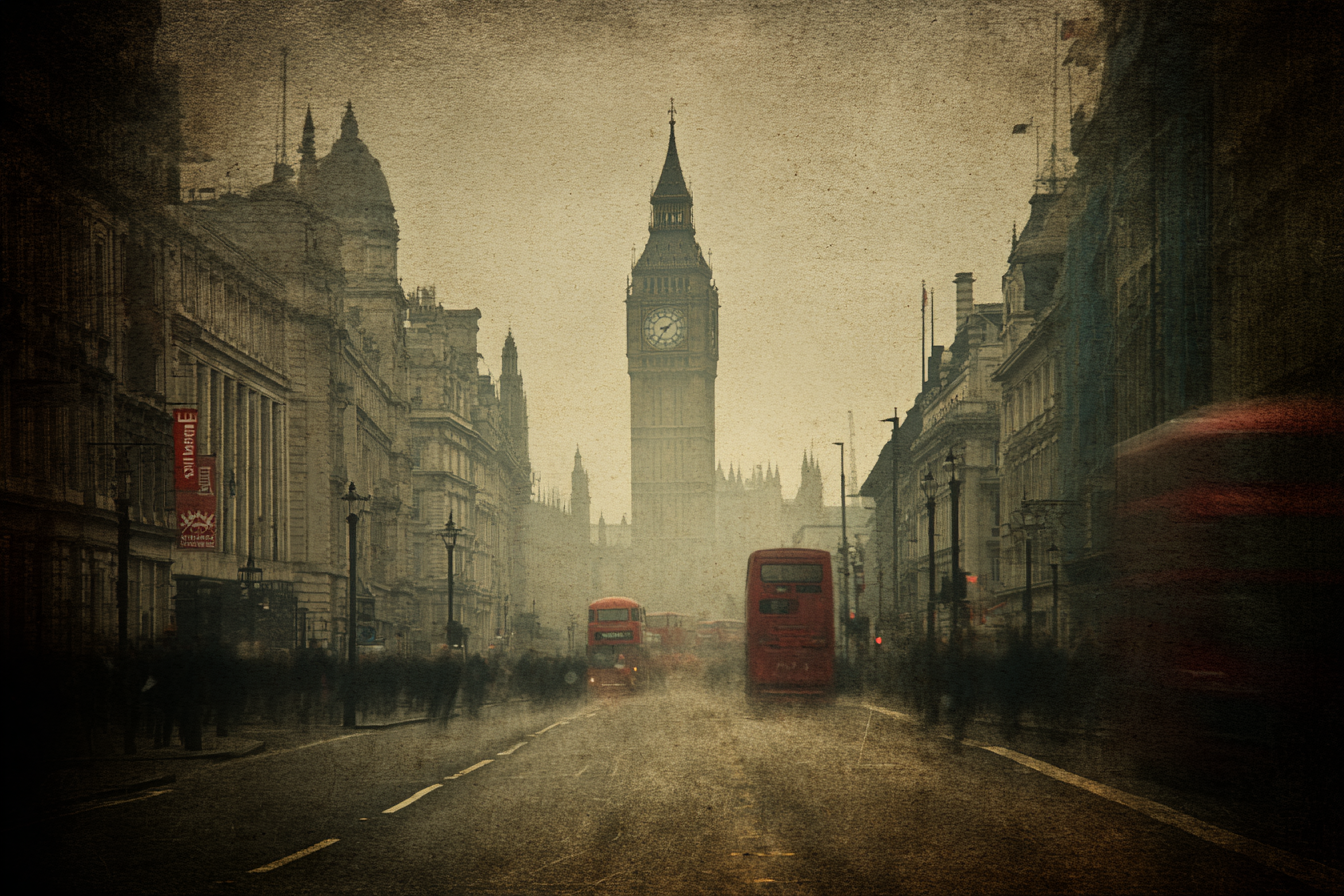 Nebliger Londoner Strassenblick Mit Big Ben Und Roten Bussen | Staedtekunst | Laender und Reisen