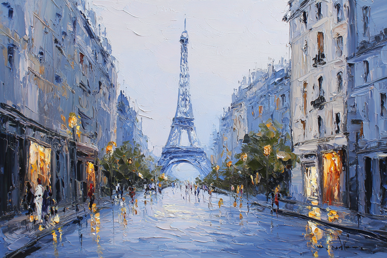 Parisstrasse Bei Regen Mit Eiffelturm | Staedtekunst | Laender und Reisen