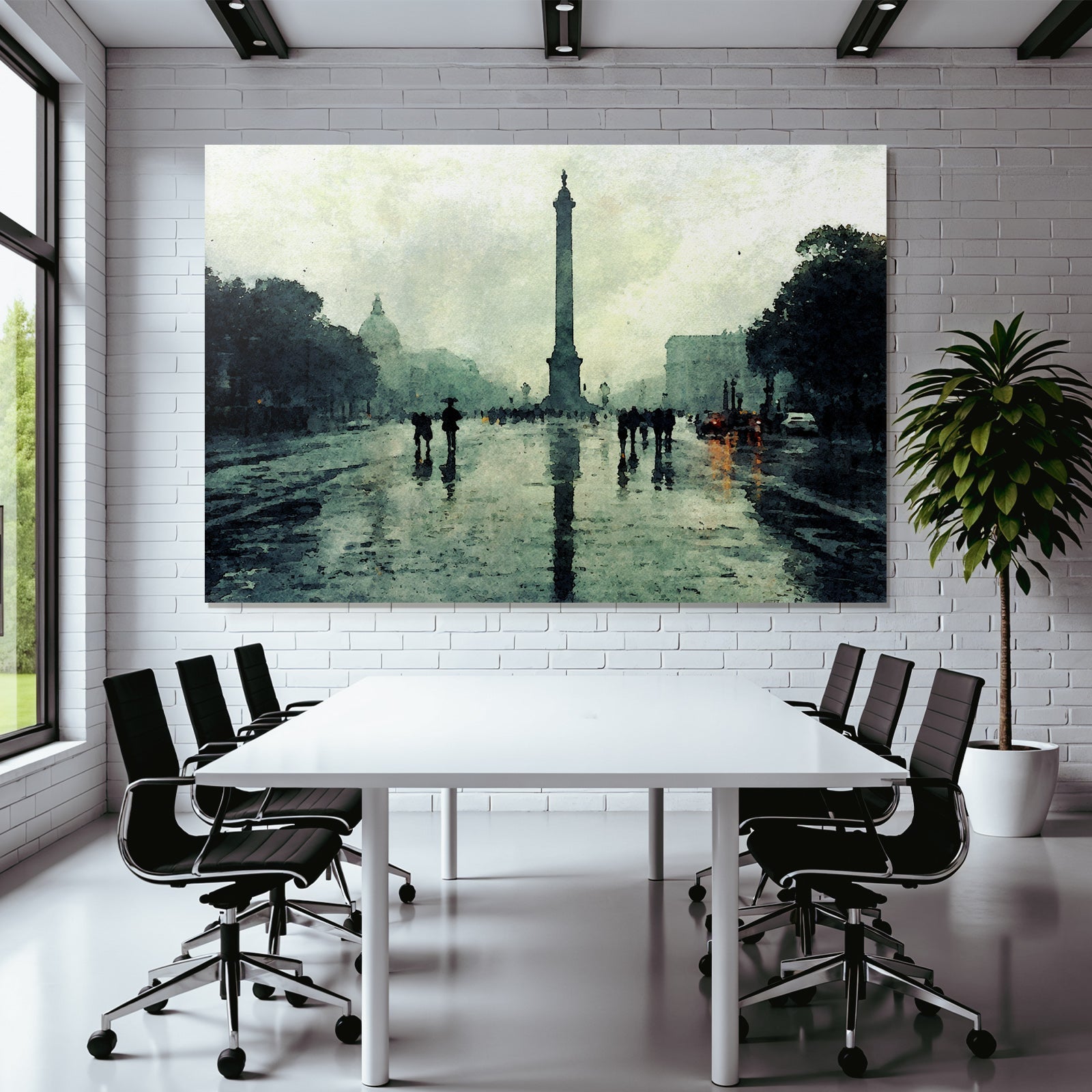 Regnerischer Tag In Der Stadt Mit Monument Und Reflexionen