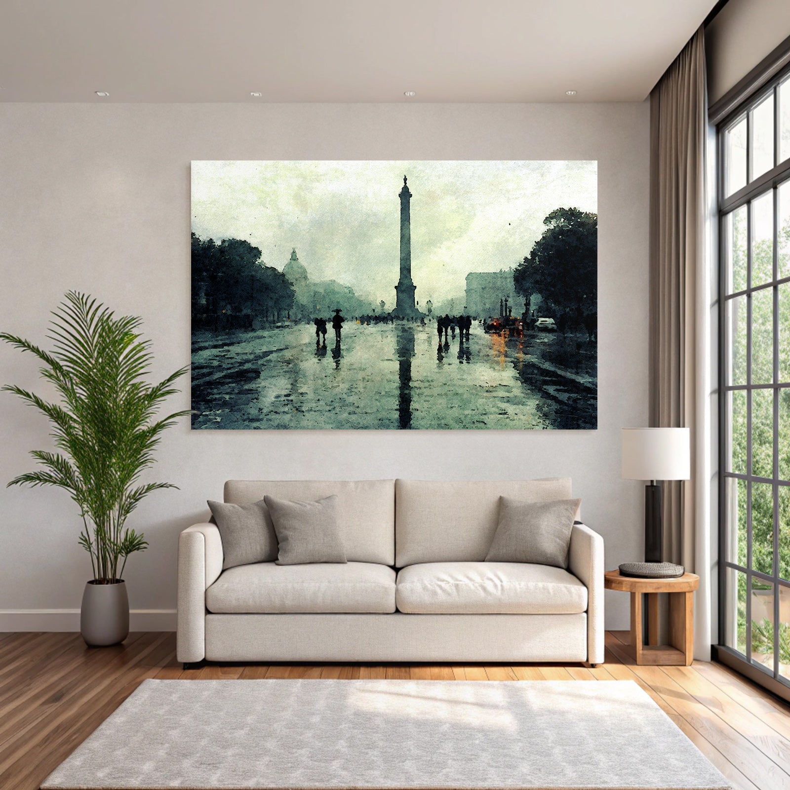 Regnerischer Tag In Der Stadt Mit Monument Und Reflexionen