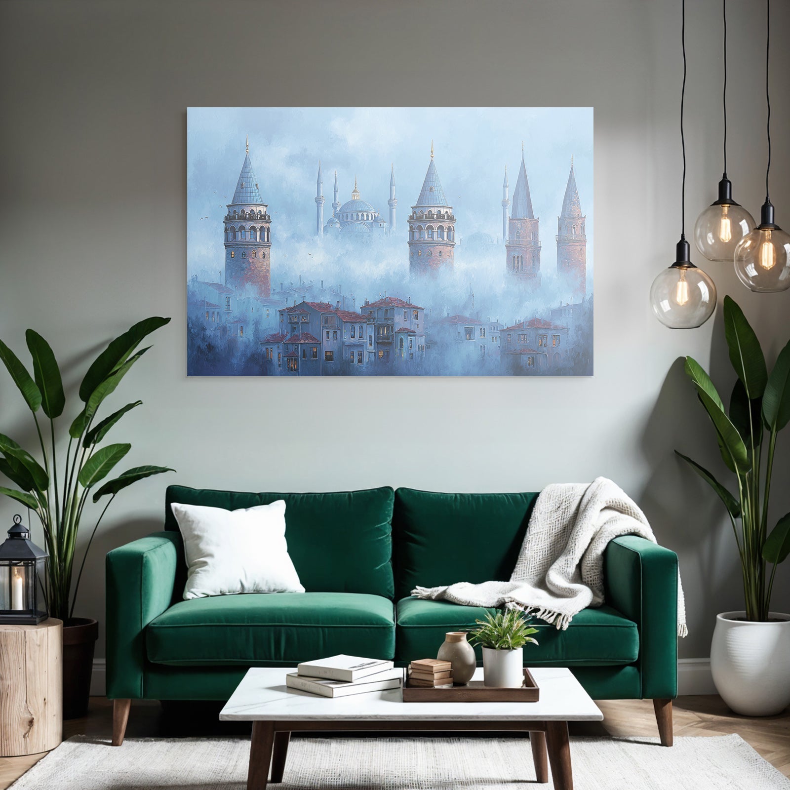 Traumhafte Stadtansicht Von Istanbul Mit Türmen Und Kuppeln Im Nebeligen Blaün Hintergrund