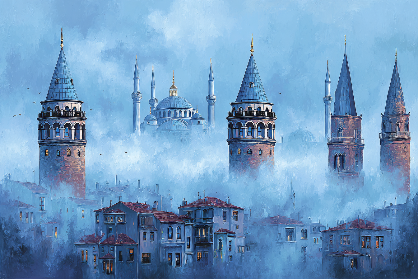 Traumhafte Stadtansicht Von Istanbul Mit Türmen Und Kuppeln Im Nebeligen Blaün Hintergrund | Staedtekunst | Laender und Reisen