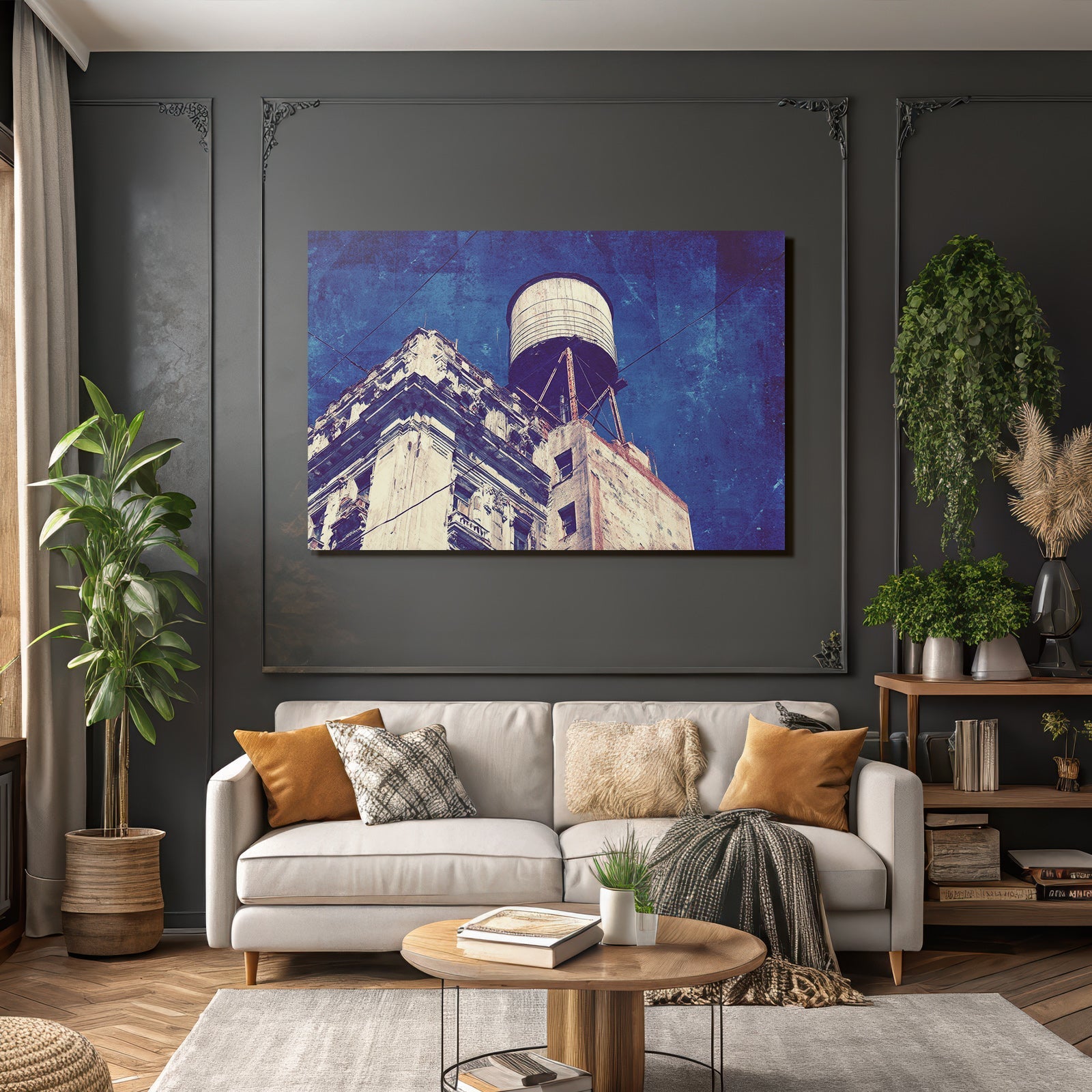 Verwitterte Stadtarchitektur Mit Wasserturm Im Retro Stil